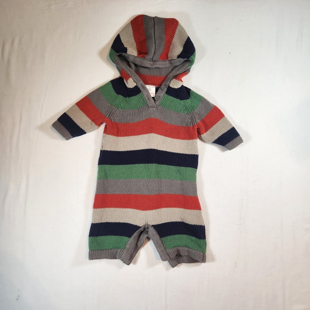 Hanna Andersson Baby Striped Knit Hooded Sweater Romper Size 50 Tassel Hood
